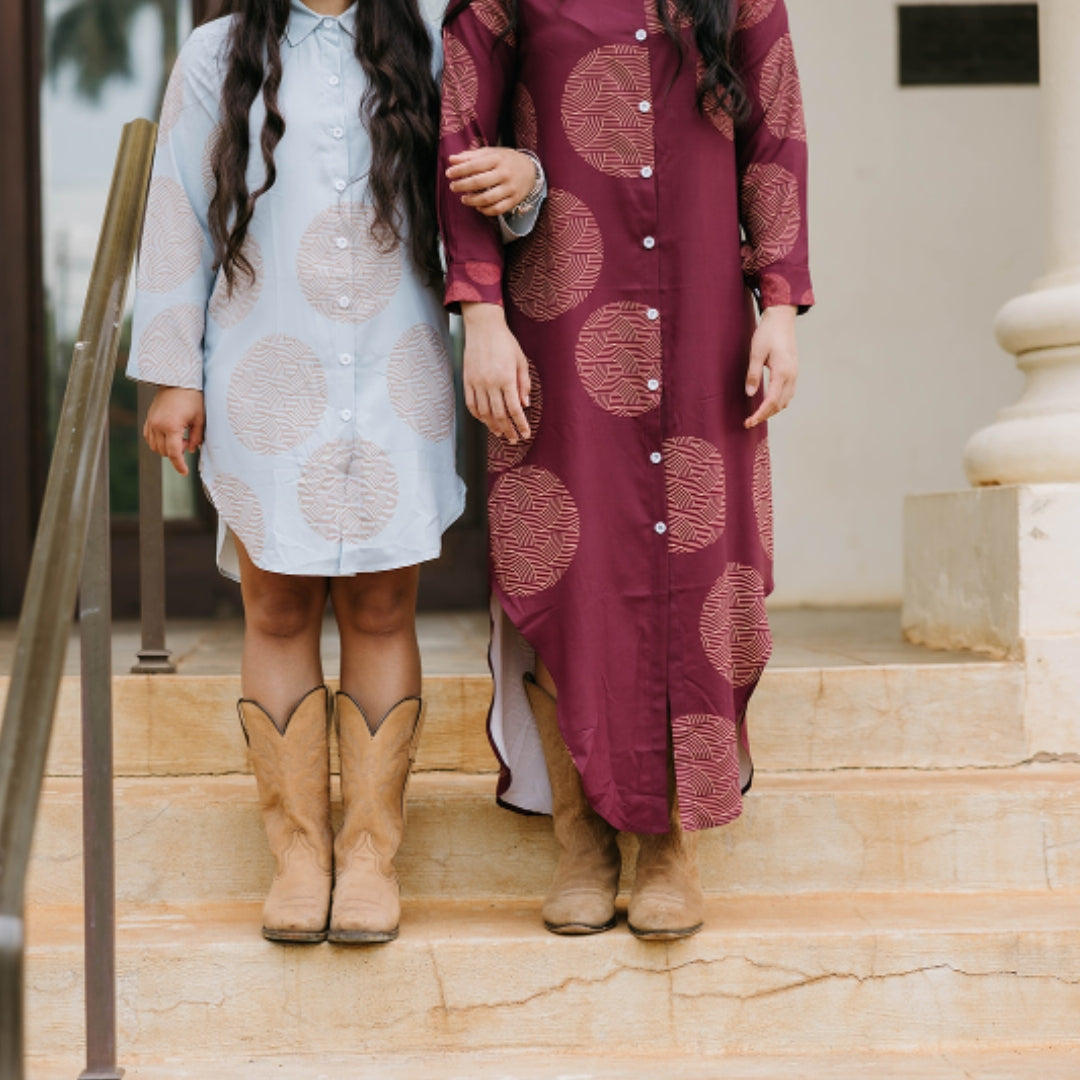 Ala Dress- Gold and Maroon Circle Print