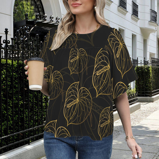 Kahe wahine top - black & gold anthurium print